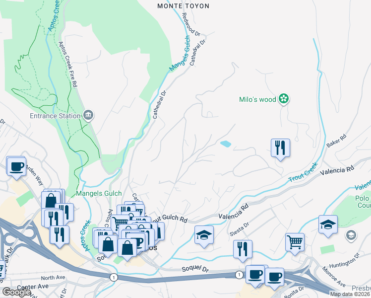 map of restaurants, bars, coffee shops, grocery stores, and more near 510 Quail Run Road in Aptos