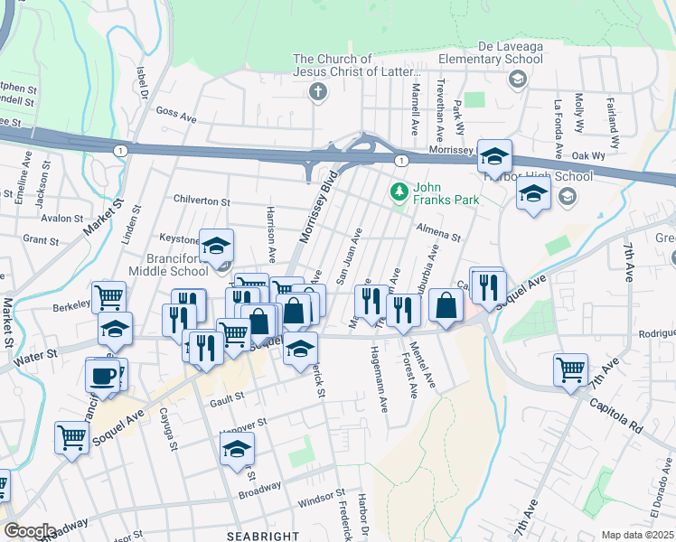 map of restaurants, bars, coffee shops, grocery stores, and more near 223 San Juan Avenue in Santa Cruz