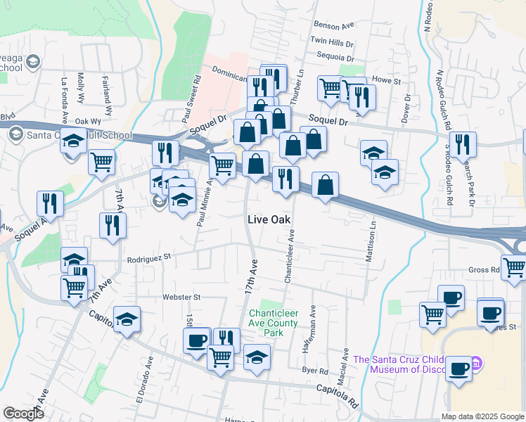 map of restaurants, bars, coffee shops, grocery stores, and more near 1725 Westhaven Court in Santa Cruz