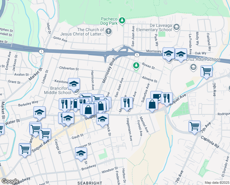 map of restaurants, bars, coffee shops, grocery stores, and more near 223 San Juan Avenue in Santa Cruz
