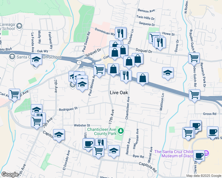 map of restaurants, bars, coffee shops, grocery stores, and more near 2342 17th Avenue in Santa Cruz
