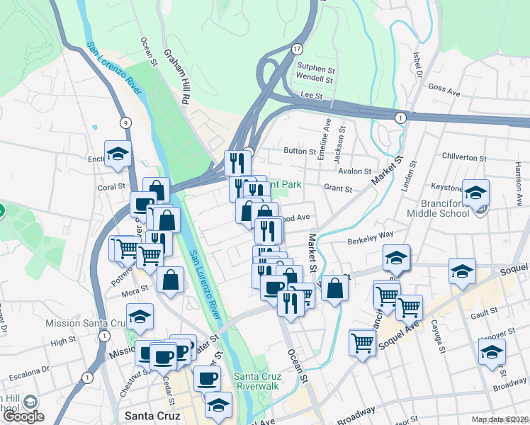 map of restaurants, bars, coffee shops, grocery stores, and more near 120 Coulson Avenue in Santa Cruz
