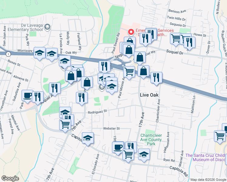map of restaurants, bars, coffee shops, grocery stores, and more near 984 Bostwick Lane in Santa Cruz