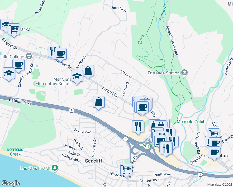 map of restaurants, bars, coffee shops, grocery stores, and more near 3030 Marlo Court in Aptos