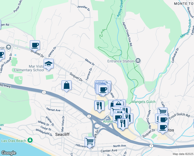 map of restaurants, bars, coffee shops, grocery stores, and more near 31 Windemere Lane in Aptos