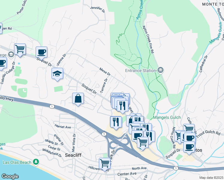 map of restaurants, bars, coffee shops, grocery stores, and more near 9 Windemere Lane in Aptos