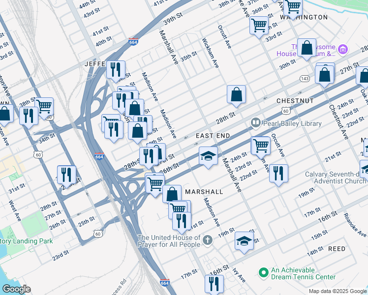 map of restaurants, bars, coffee shops, grocery stores, and more near 2700 Madison Avenue in Newport News