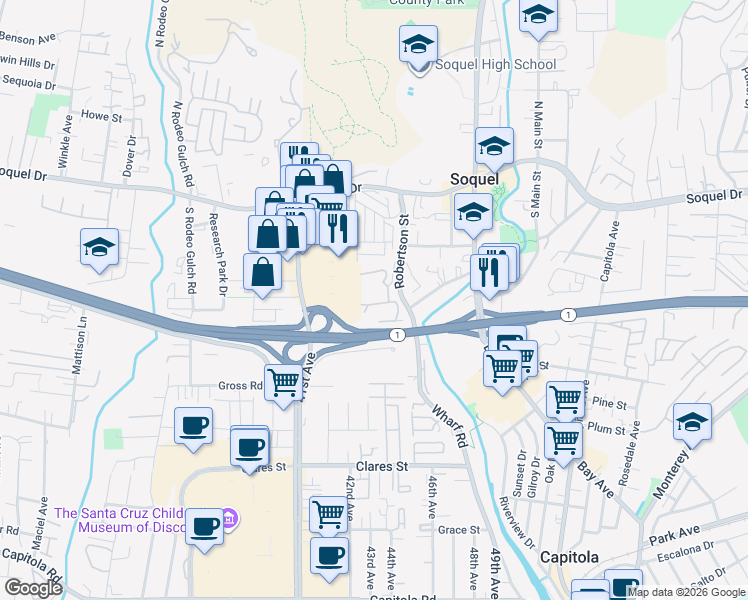 map of restaurants, bars, coffee shops, grocery stores, and more near 4237 Topsail Court in Soquel