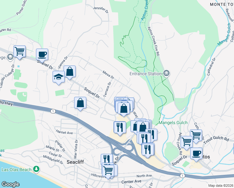 map of restaurants, bars, coffee shops, grocery stores, and more near 35 Windemere Lane in Aptos