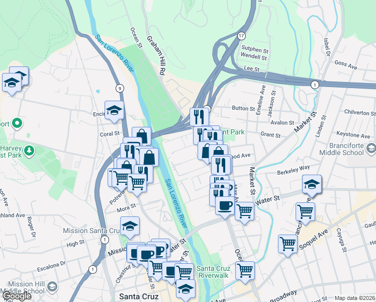 map of restaurants, bars, coffee shops, grocery stores, and more near 141 Pryce Street in Santa Cruz