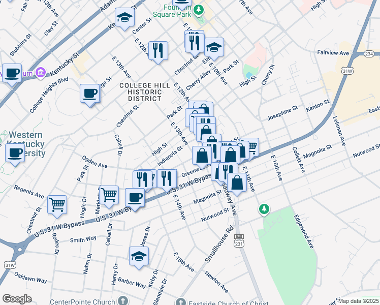 map of restaurants, bars, coffee shops, grocery stores, and more near 931 East 13th Avenue in Bowling Green