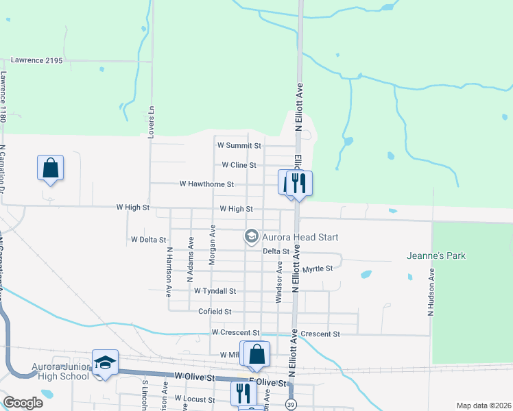 map of restaurants, bars, coffee shops, grocery stores, and more near 7 West High Street in Aurora