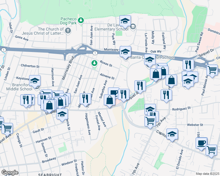 map of restaurants, bars, coffee shops, grocery stores, and more near 329 Park Way in Santa Cruz