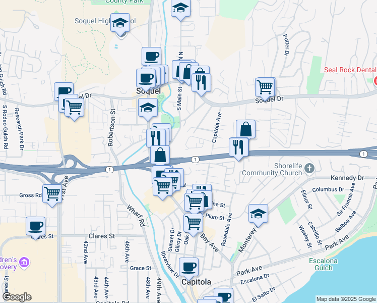 map of restaurants, bars, coffee shops, grocery stores, and more near 5054 Wilder Drive in Soquel