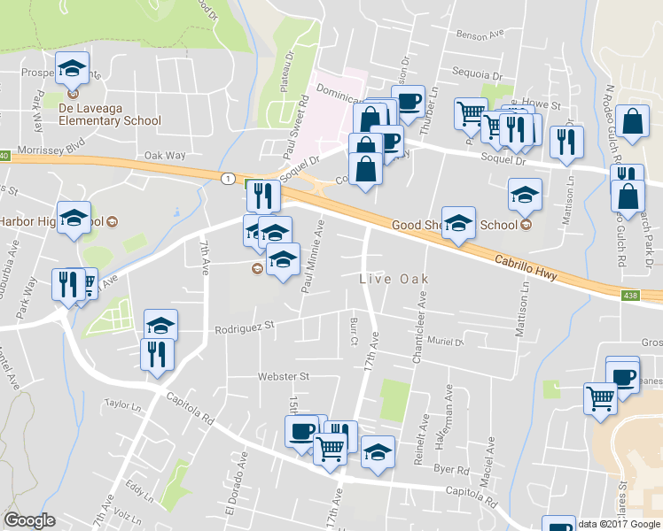 map of restaurants, bars, coffee shops, grocery stores, and more near 121 Vista Prieta Court in Santa Cruz