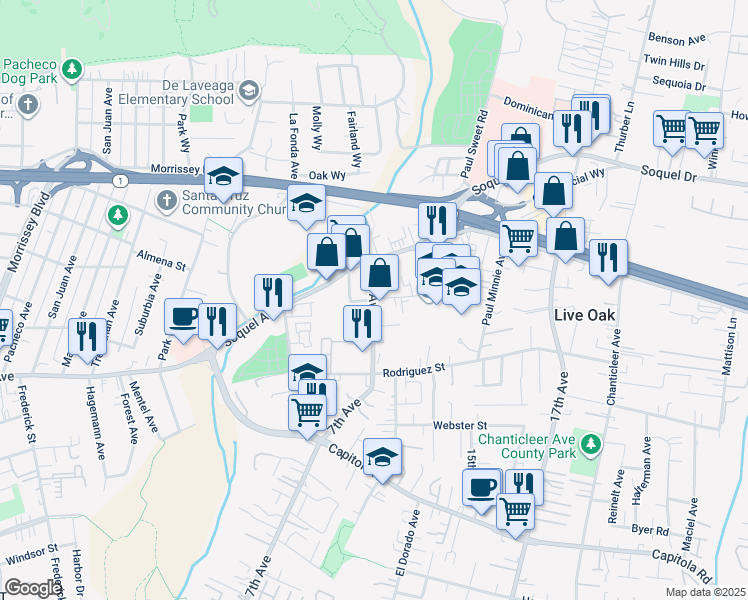 map of restaurants, bars, coffee shops, grocery stores, and more near 860 Bostwick Lane in Santa Cruz