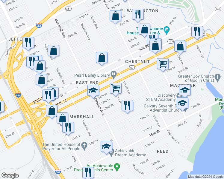 map of restaurants, bars, coffee shops, grocery stores, and more near 2403 Wickham Avenue in Newport News