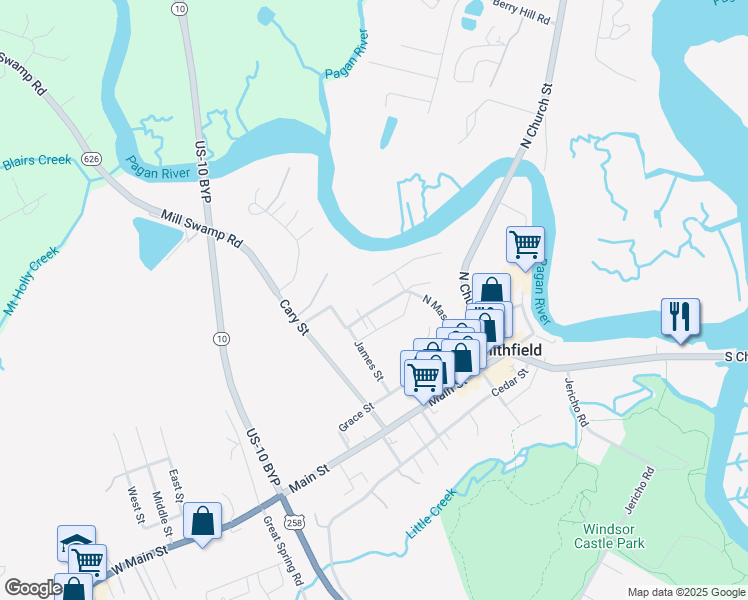map of restaurants, bars, coffee shops, grocery stores, and more near 220 Washington Street in Smithfield