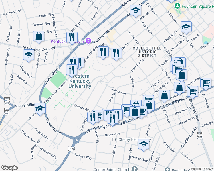 map of restaurants, bars, coffee shops, grocery stores, and more near 1711 Ogden Avenue in Bowling Green