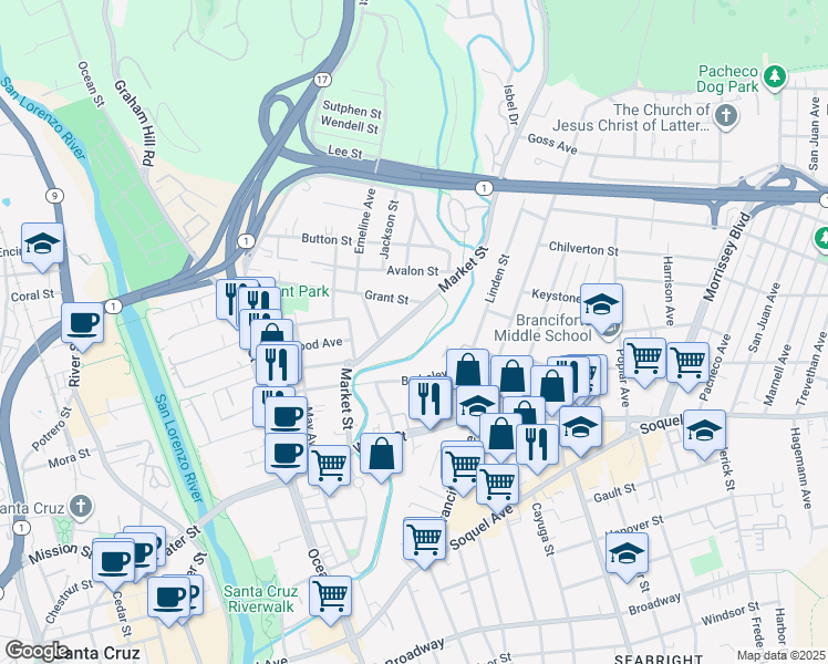 map of restaurants, bars, coffee shops, grocery stores, and more near 332 Market Street in Santa Cruz