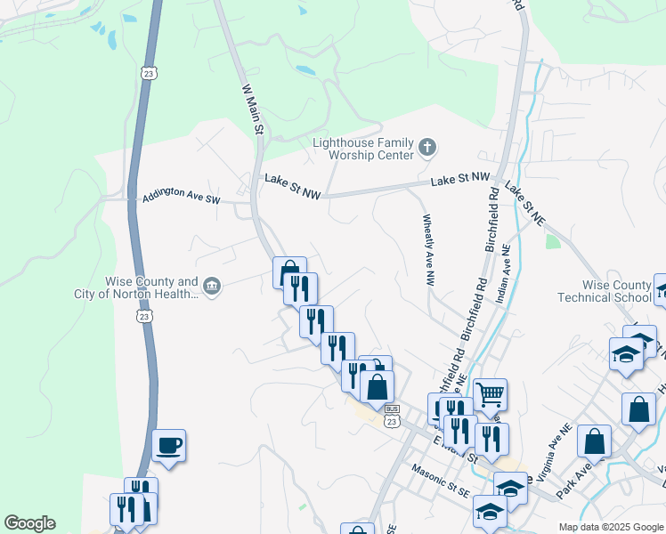 map of restaurants, bars, coffee shops, grocery stores, and more near Beverly Hills Road in Wise