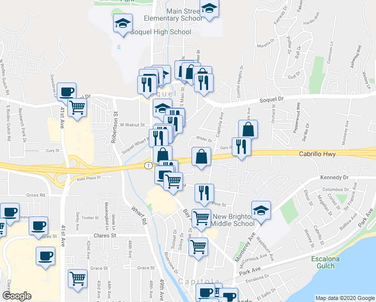map of restaurants, bars, coffee shops, grocery stores, and more near 5050 Wilder Drive in Soquel