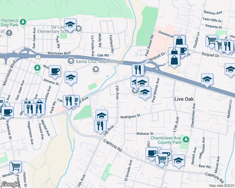 map of restaurants, bars, coffee shops, grocery stores, and more near 860 Bostwick Lane in Santa Cruz