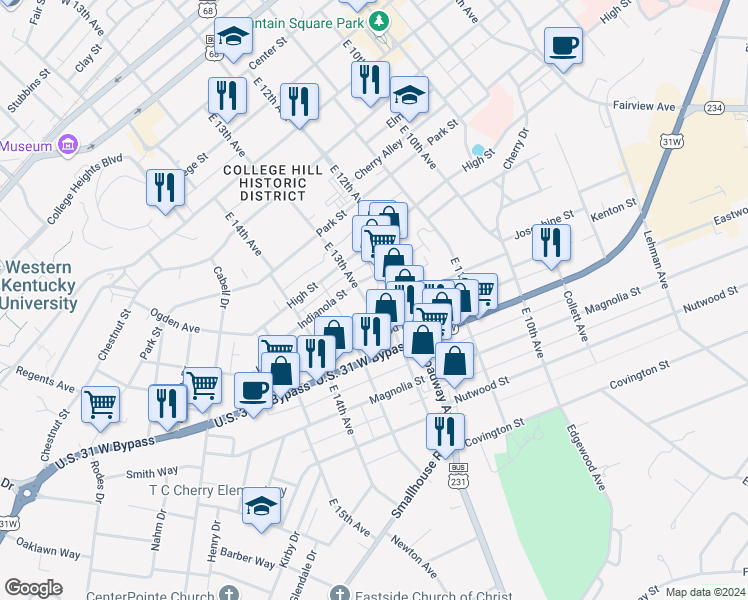 map of restaurants, bars, coffee shops, grocery stores, and more near 931 East 13th Avenue in Bowling Green