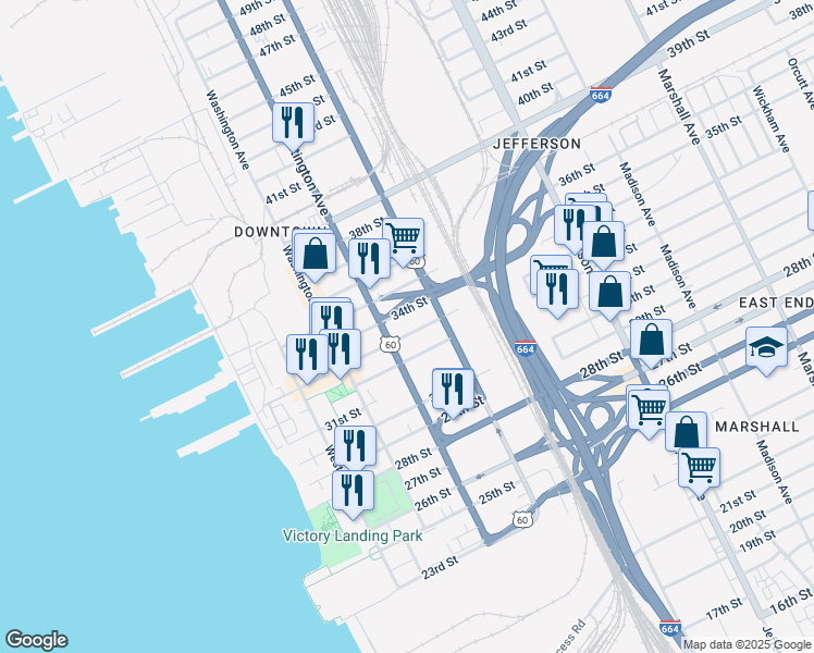 map of restaurants, bars, coffee shops, grocery stores, and more near 321 33rd Street in Newport News
