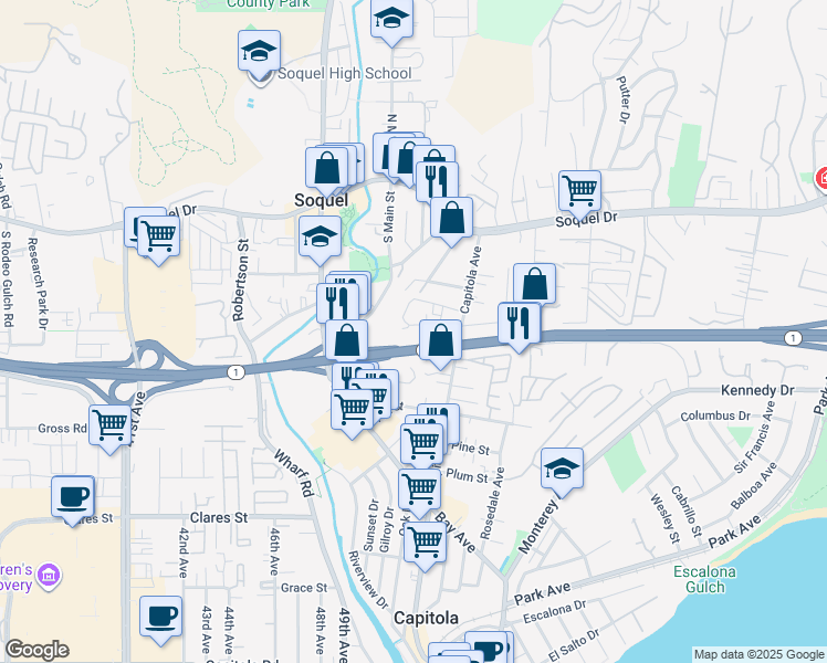 map of restaurants, bars, coffee shops, grocery stores, and more near 5058 Wilder Drive in Soquel