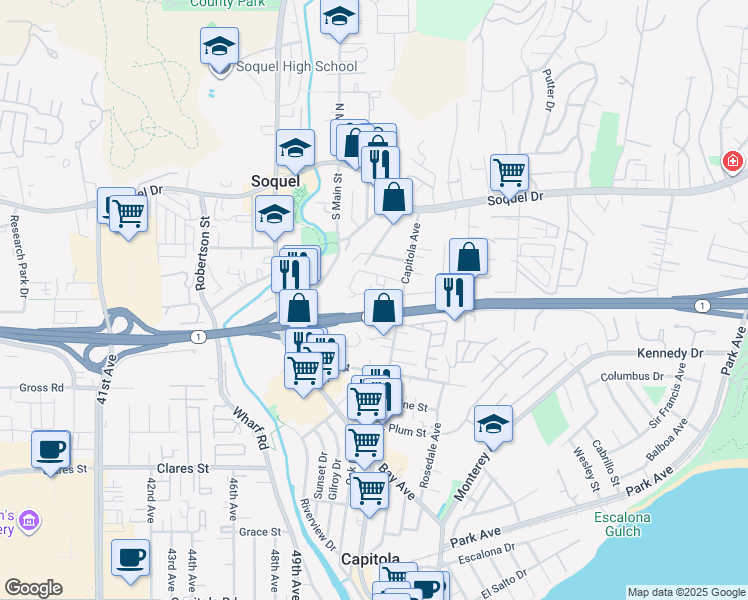 map of restaurants, bars, coffee shops, grocery stores, and more near 5070 Wilder Drive in Soquel