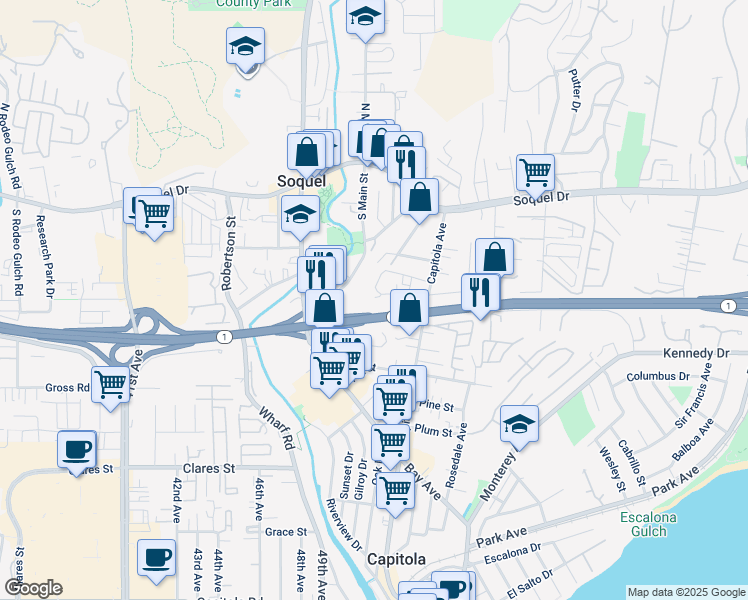 map of restaurants, bars, coffee shops, grocery stores, and more near 5050 Wilder Drive in Soquel