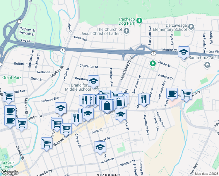 map of restaurants, bars, coffee shops, grocery stores, and more near 140 Hammond Ave in Santa Cruz