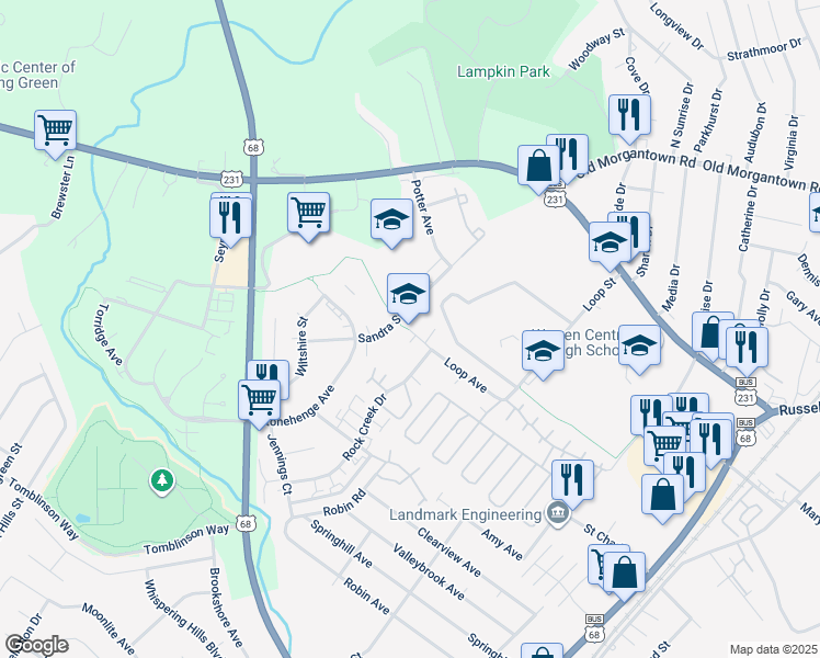 map of restaurants, bars, coffee shops, grocery stores, and more near 1845 Loop Drive in Bowling Green