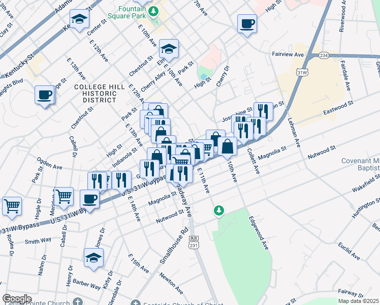 map of restaurants, bars, coffee shops, grocery stores, and more near 1117 Greenwood Alley in Bowling Green