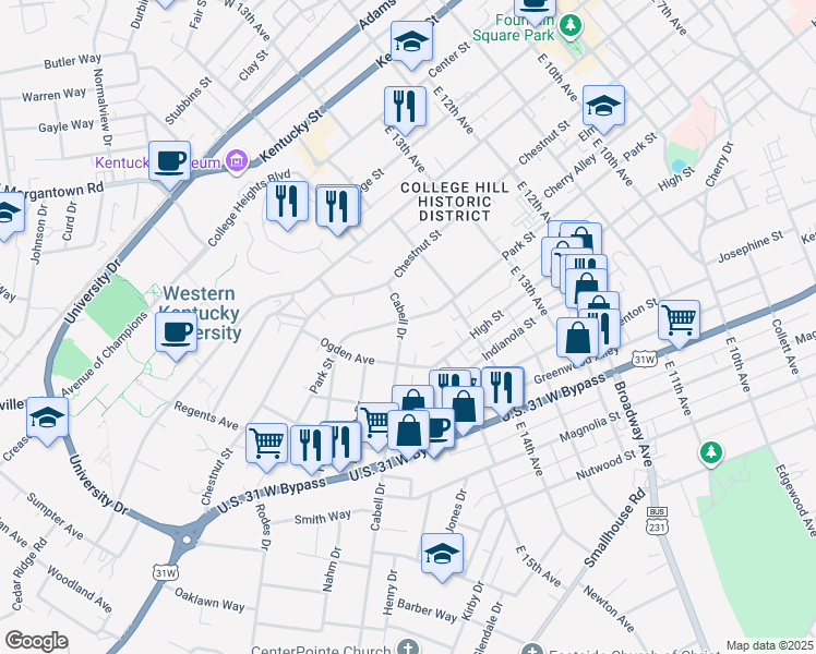 map of restaurants, bars, coffee shops, grocery stores, and more near 702 Cabell Drive in Bowling Green