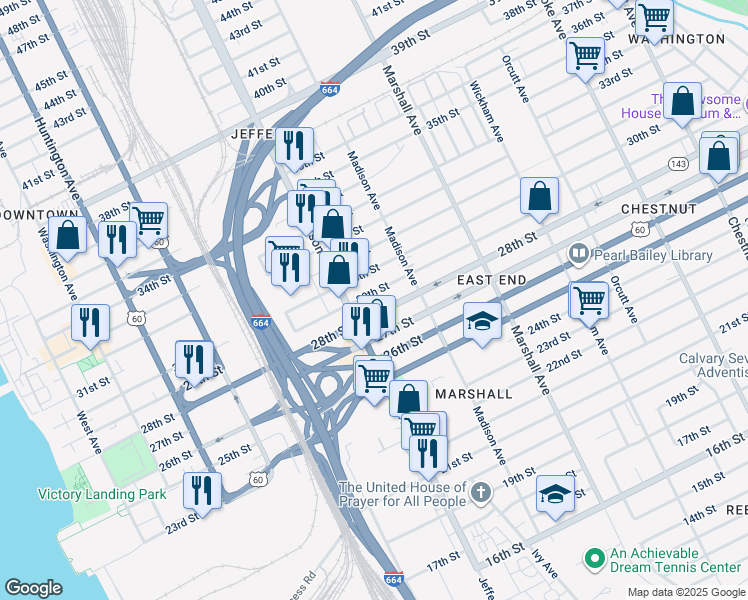map of restaurants, bars, coffee shops, grocery stores, and more near 614 29th Street in Newport News