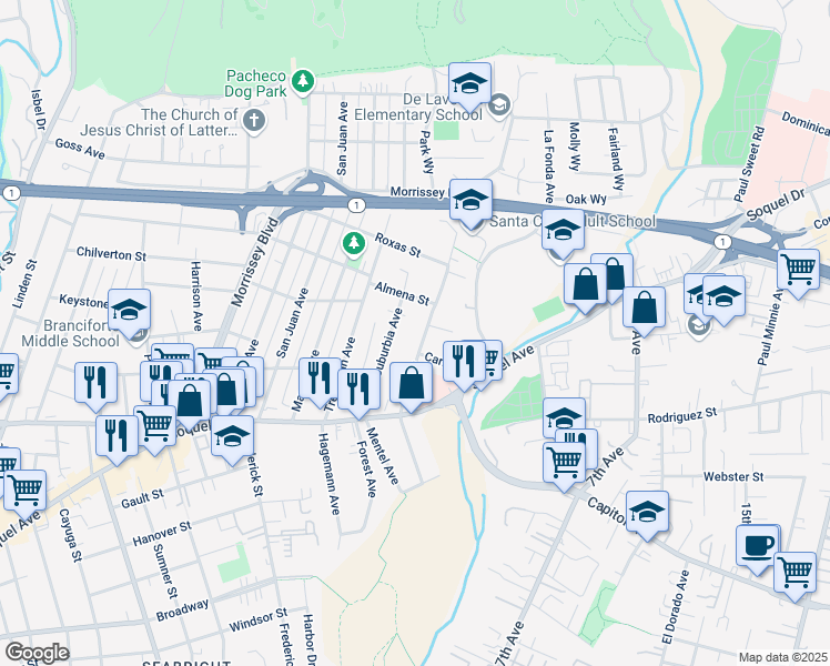 map of restaurants, bars, coffee shops, grocery stores, and more near 329 Park Way in Santa Cruz
