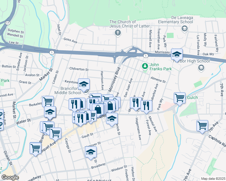 map of restaurants, bars, coffee shops, grocery stores, and more near 228 Morrissey Boulevard in Santa Cruz