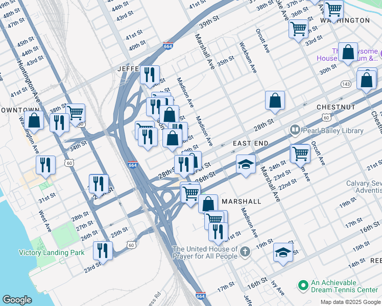 map of restaurants, bars, coffee shops, grocery stores, and more near 614 29th Street in Newport News