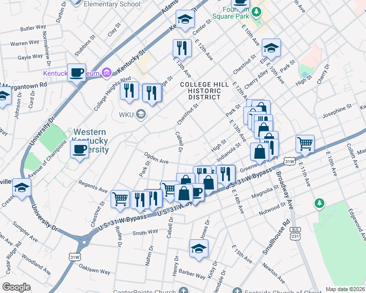 map of restaurants, bars, coffee shops, grocery stores, and more near 702 Cabell Drive in Bowling Green