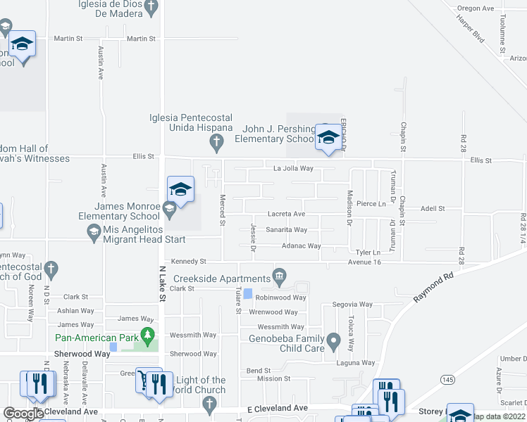 map of restaurants, bars, coffee shops, grocery stores, and more near 1303 Lacreta Avenue in Madera