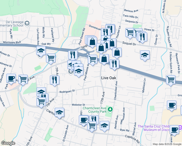 map of restaurants, bars, coffee shops, grocery stores, and more near 103 Vista Prieta Court in Santa Cruz