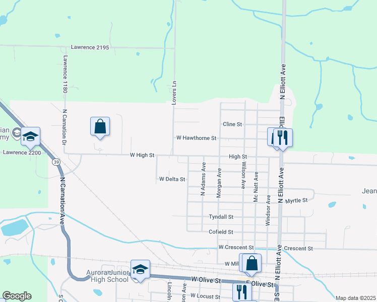 map of restaurants, bars, coffee shops, grocery stores, and more near 405 West High Street in Aurora
