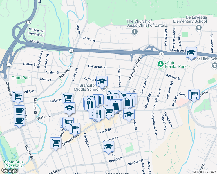 map of restaurants, bars, coffee shops, grocery stores, and more near 328 Poplar Avenue in Santa Cruz
