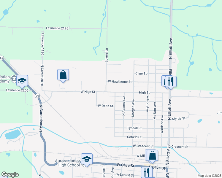 map of restaurants, bars, coffee shops, grocery stores, and more near 405 W High St in Aurora