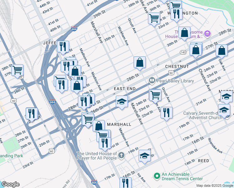 map of restaurants, bars, coffee shops, grocery stores, and more near 756 27th Street in Newport News