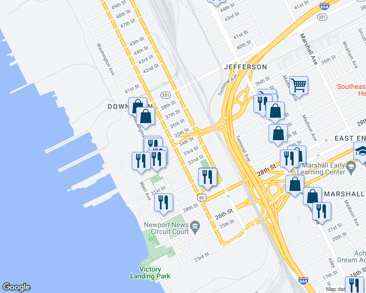 map of restaurants, bars, coffee shops, grocery stores, and more near 314 34th Street in Newport News