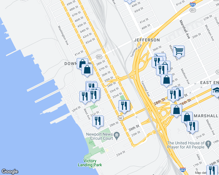 map of restaurants, bars, coffee shops, grocery stores, and more near 312 34th Street in Newport News
