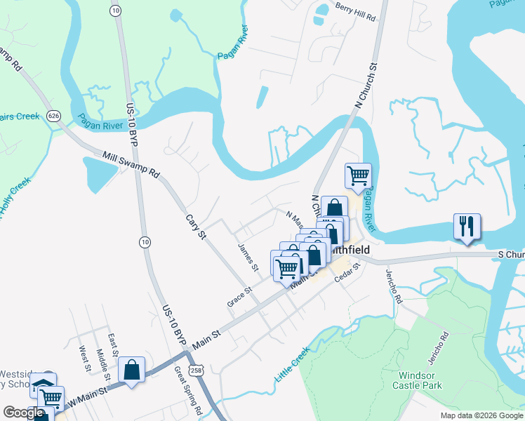 map of restaurants, bars, coffee shops, grocery stores, and more near 220 Washington Street in Smithfield